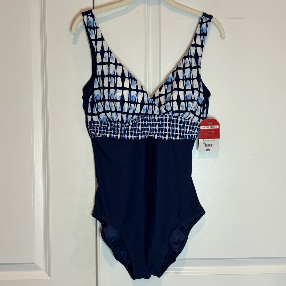 NWT St. John's Bay Secretly Slender V-neck One Piece Navy Blue One Piece Swim 14
